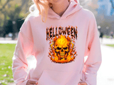 Helloween Flaming Skull HTV Graphic Ladies Pullover Hoodies