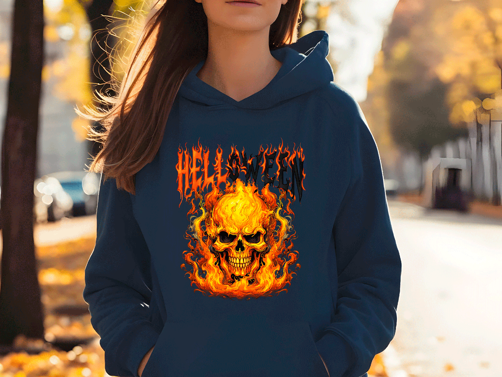 Helloween Skull Flames HTV Graphic Ladies Pullover Hoodies