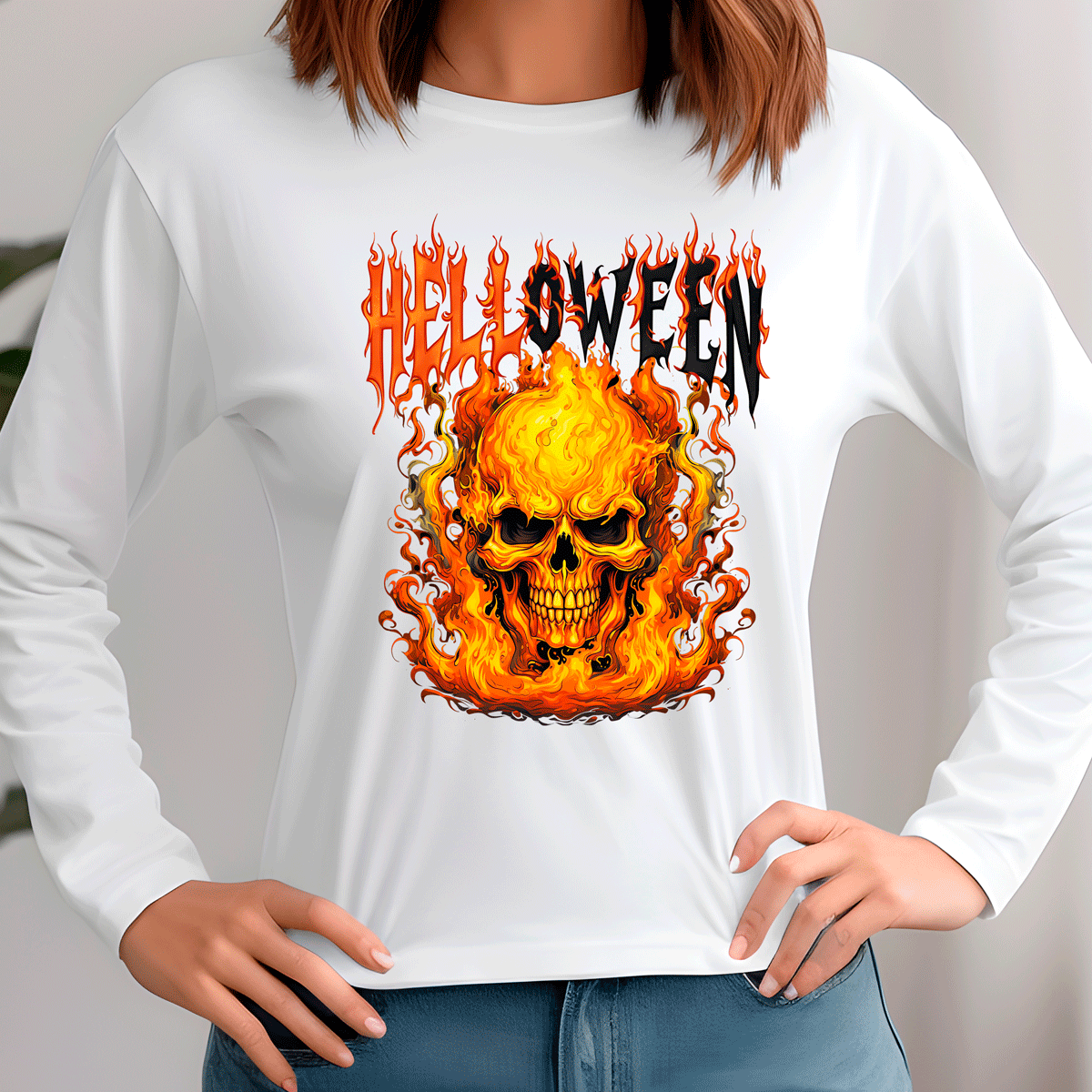 Helloween Skull Flames Sublimated Graphic Ladies Long Sleeve T-shirt