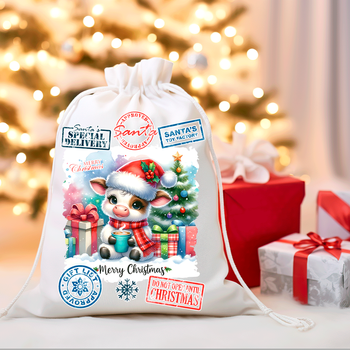 Decorative Christmas sack with festive design and text, placed against a blurred Christmas tree and gift background.