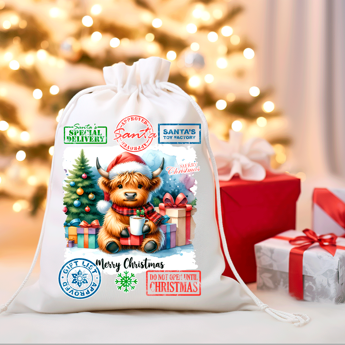 Christmas-themed gift bag with a cow illustration and festive text, set against a blurred Christmas tree and presents background.