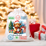 Christmas-themed gift bag with a cow illustration and festive text, set against a blurred Christmas tree and presents background.