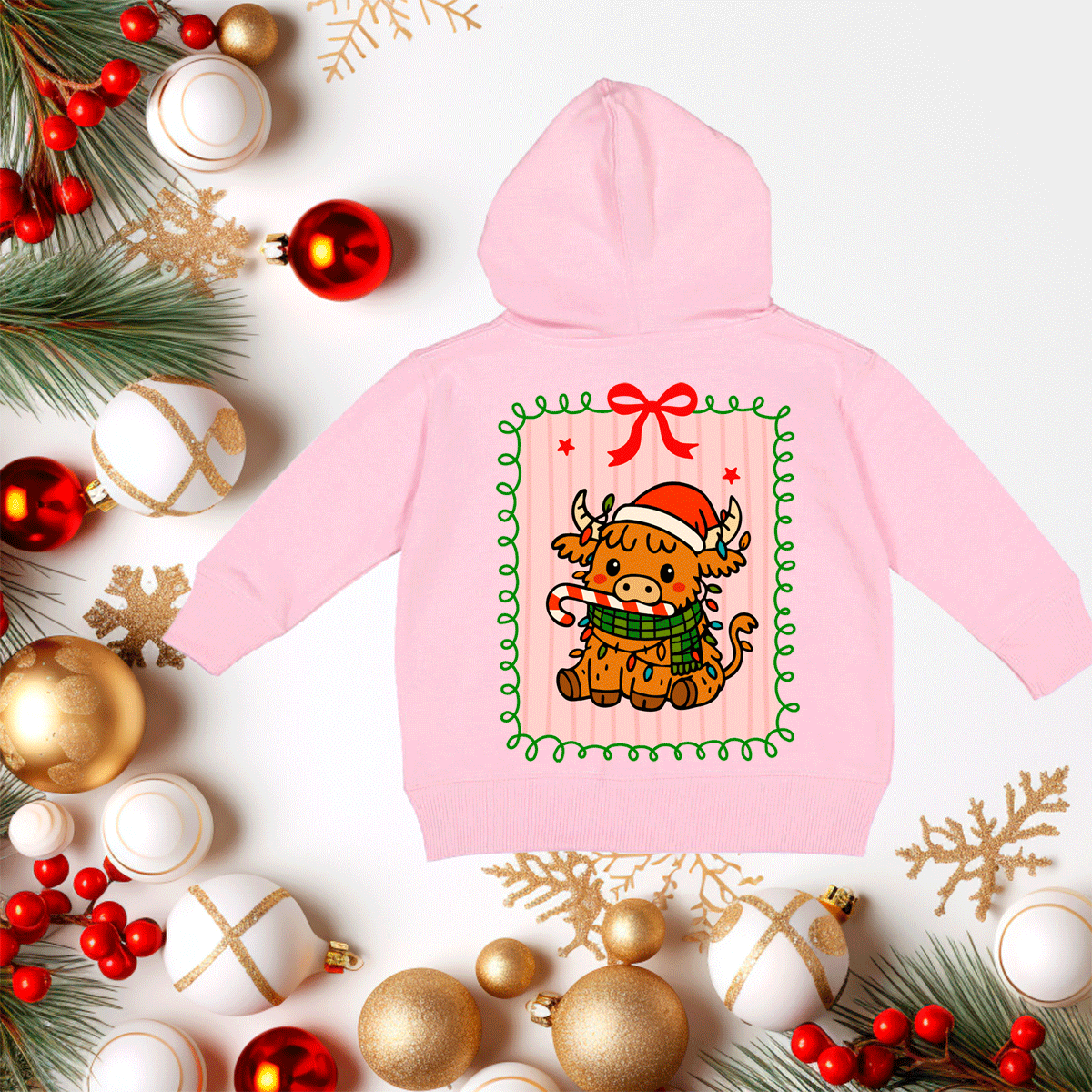 Pink hoodie with a Christmas cow design on a decorative background with ornaments and greenery.