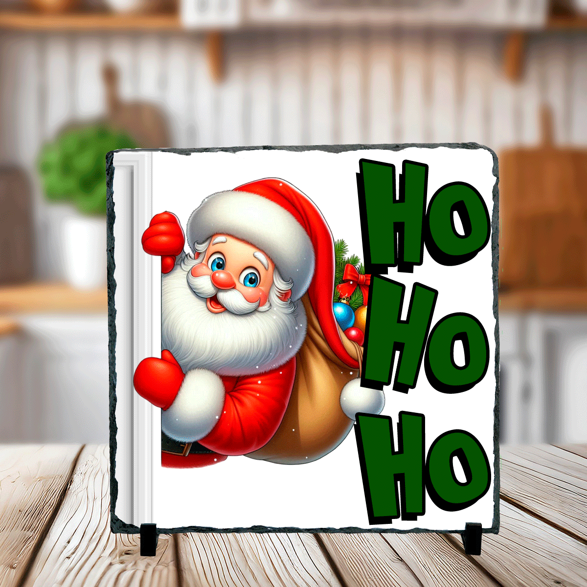 Ho  Ho  Ho  Peeking Santa Christmas Sublimated Square Photo Slates