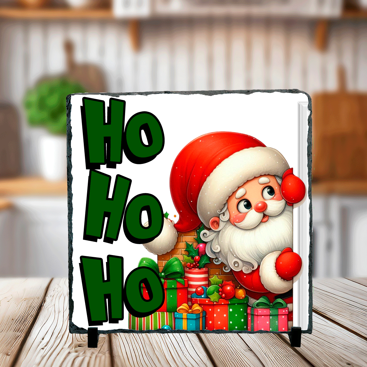 Ho  Ho  Ho  Peeking Santa Christmas Sublimated Square Photo Slates