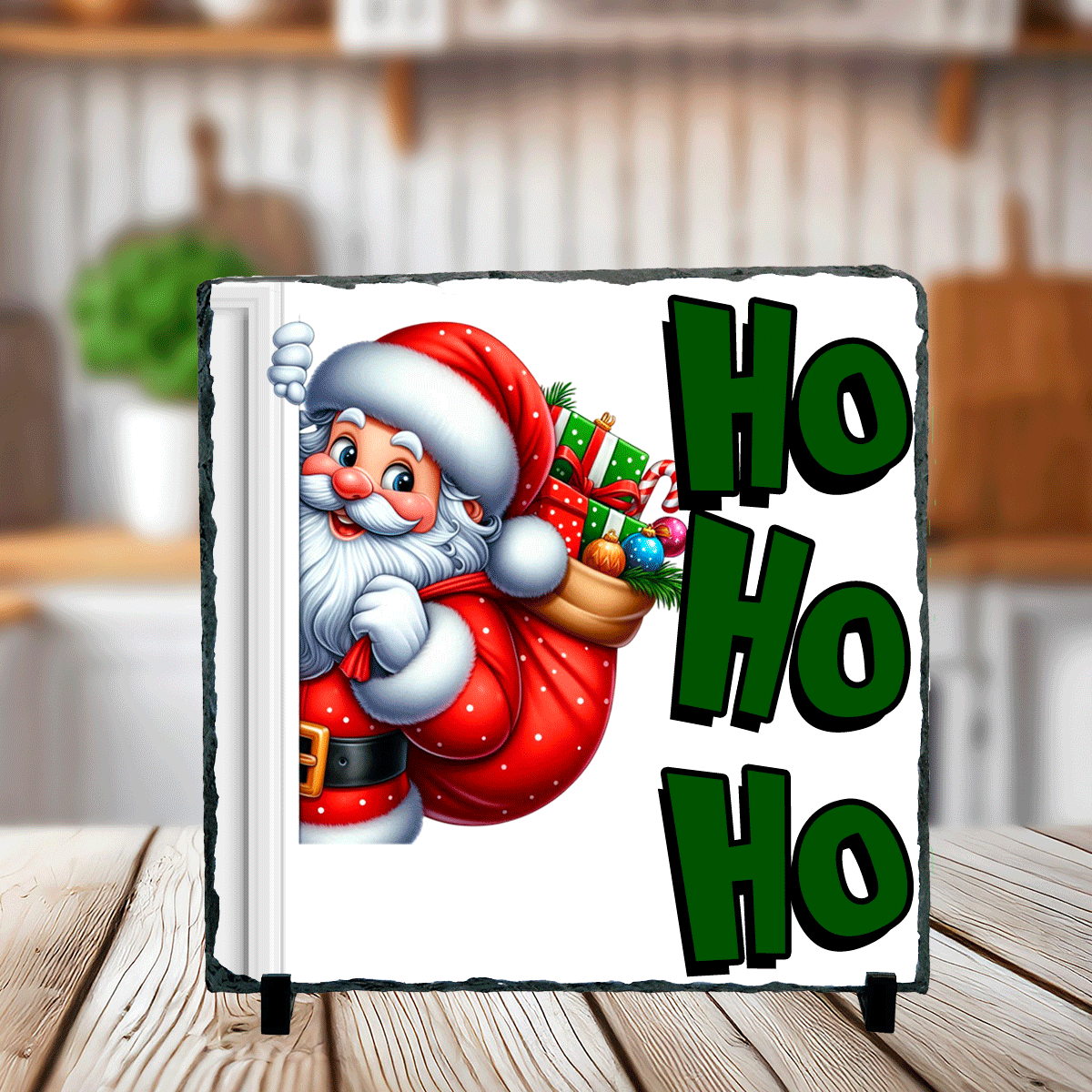 Ho  Ho  Ho  Peeking Santa Christmas Sublimated Square Photo Slates