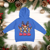 Blue hoodie with reindeer design and 'Ho Ho Ho' text on a Christmas-themed background