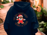 Navy blue hoodie with a graphic design on the back featuring a gingerbread man and text.