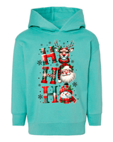 Turquoise hoodie with Christmas-themed design featuring Santa Claus and reindeer on a white background.
