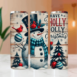 Three Christmas-themed tumblers with snowman, cardinal, and holiday text designs.