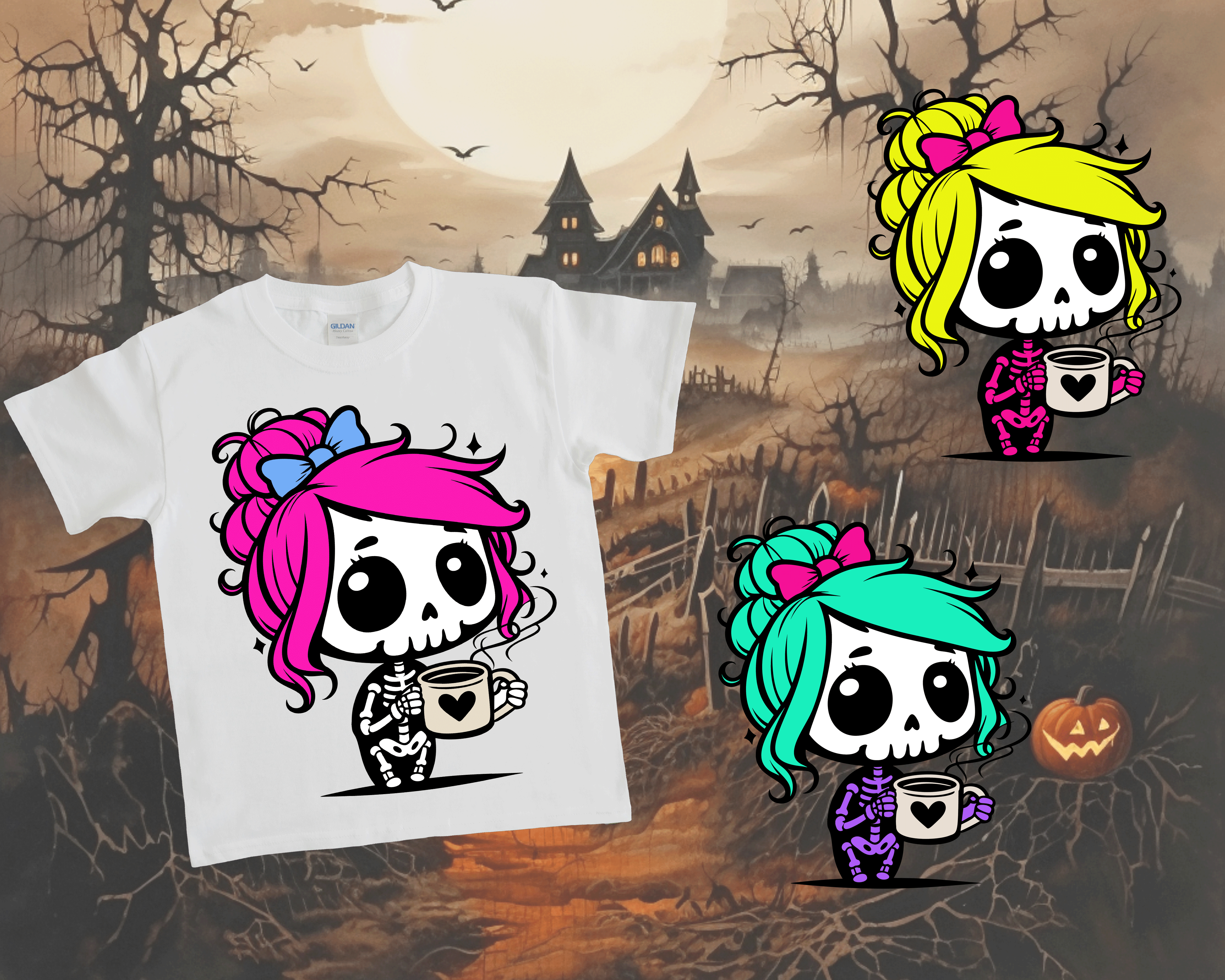 White t-shirt with a skeleton character design on a Halloween-themed background