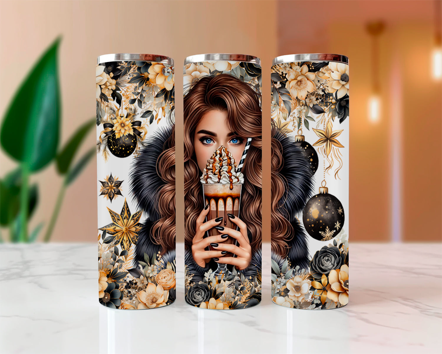 Three tumblers with decorative designs featuring a woman holding a cup.