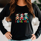 Black sweatshirt with colorful skeleton design and 'I LOVE YOU' text worn by a person.
