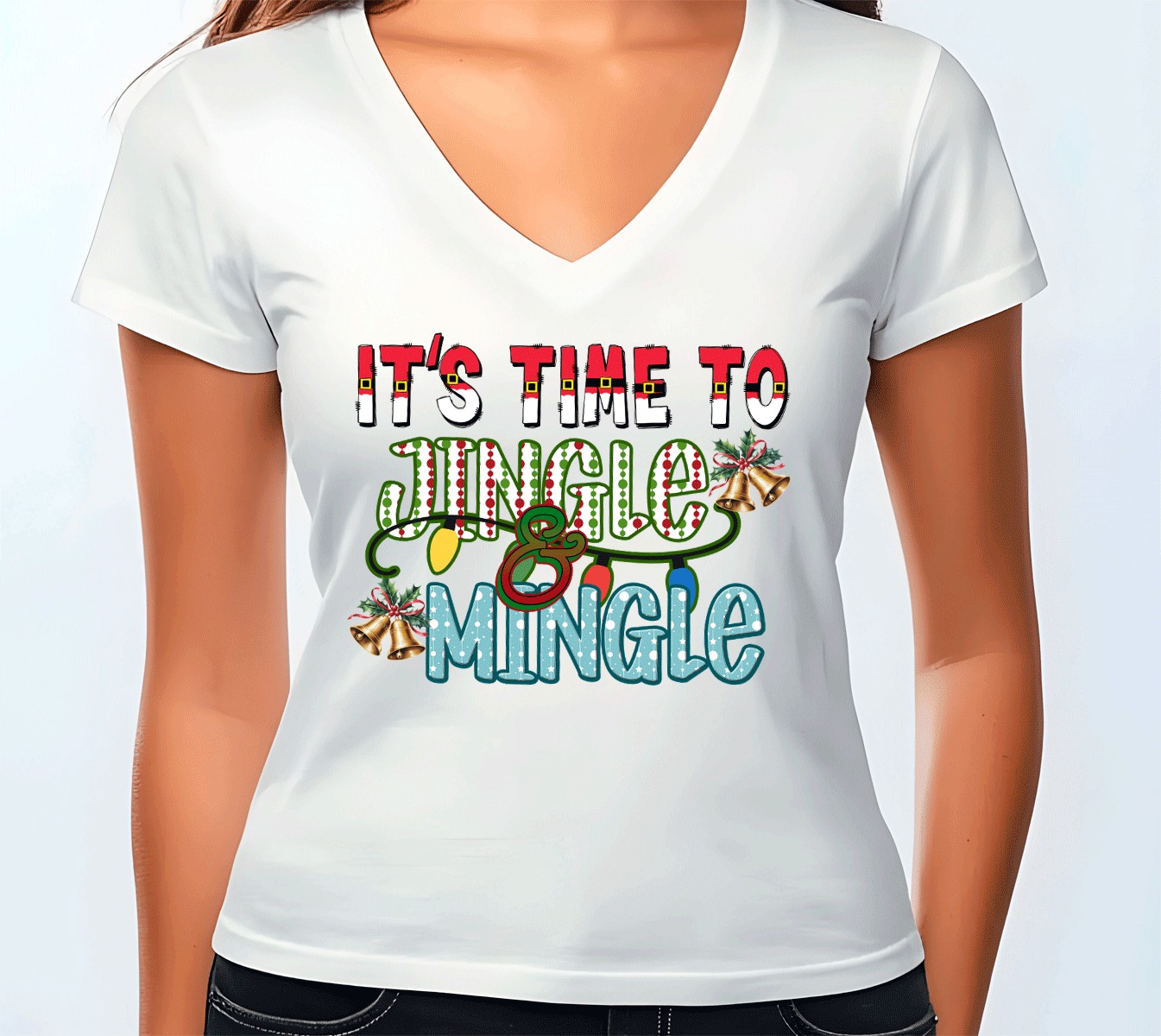 White t-shirt with colorful text 'It's Time to Jingle Mingle' on a plain background