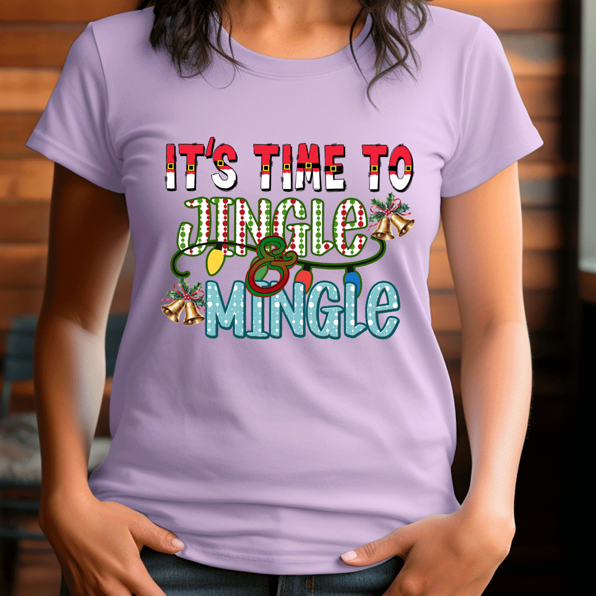 Person wearing a purple t-shirt with festive text and graphics.