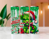 Three green tumblers with a festive design featuring a green creature and candy cane.