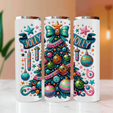 Three white tumblers with festive designs and 'Jolly' text on a blurred background