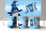 Set of mugs with a winter-themed design featuring a gnome and snowflakes on a blue background.