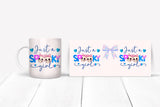 Mug and card with 'Just a spooky girl' design on a white surface