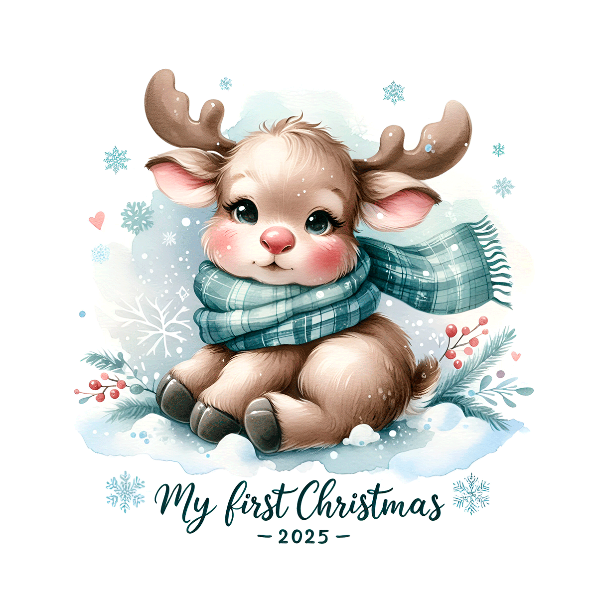 Illustration of a baby reindeer wearing a scarf with snowflakes and Christmas elements.