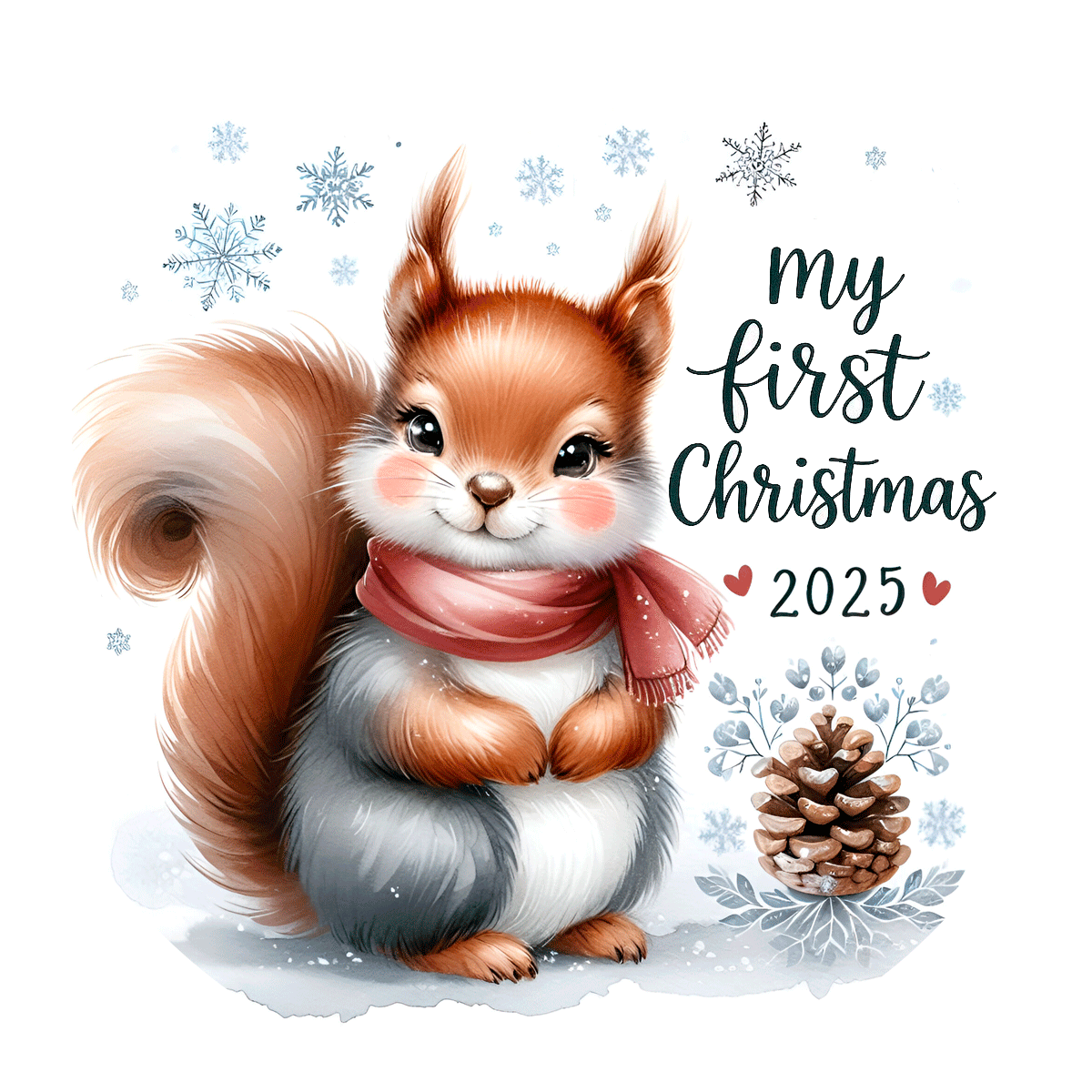 Illustration of a squirrel wearing a scarf with 'My First Christmas 2025' text and snowflakes on a white background.