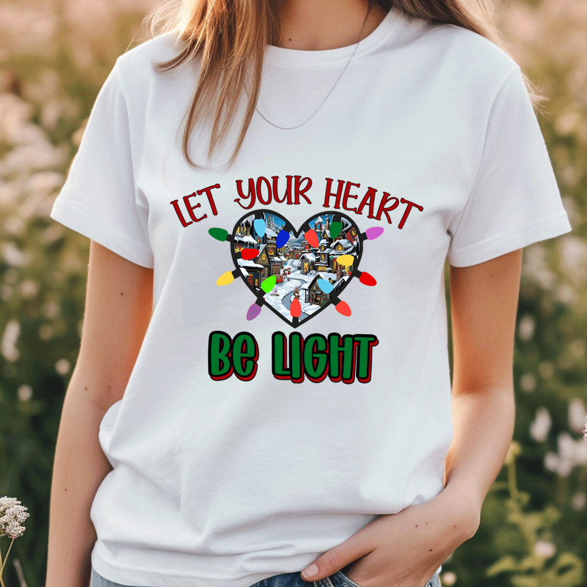 White t-shirt with a colorful graphic and text 'Let your heart be light' worn by a person outdoors.
