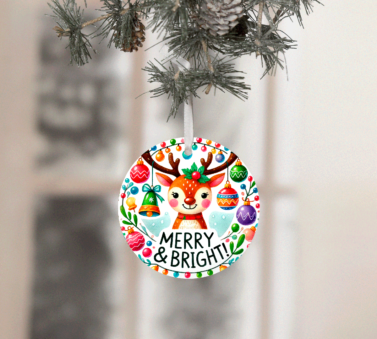 Decorative Christmas ornament with a reindeer design and 'Merry & Bright!' text, hanging on a tree.