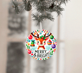 Decorative Christmas ornament with a reindeer design and 'Merry & Bright!' text, hanging on a tree.