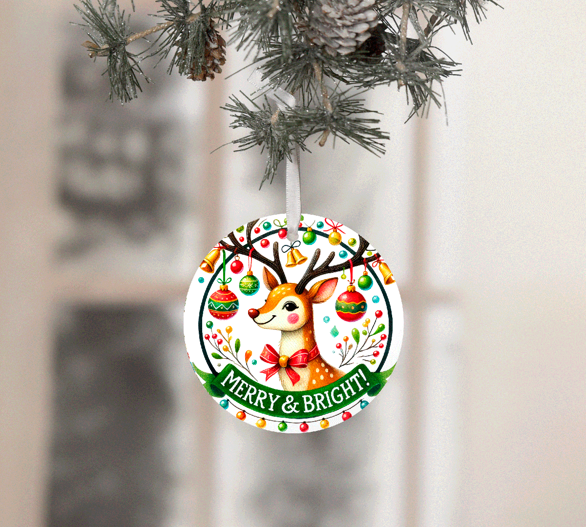Circular Christmas ornament with a reindeer design and 'Merry & Bright' text, hanging on a tree.