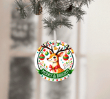 Circular Christmas ornament with a reindeer design and 'Merry & Bright' text, hanging on a tree.