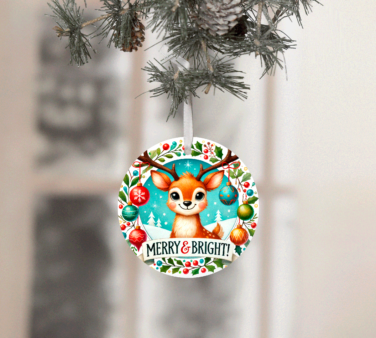 Christmas ornament with a reindeer design and 'Merry & Bright!' text, hanging on a tree.