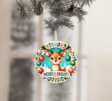Christmas ornament with a reindeer design and 'Merry & Bright!' text, hanging on a tree.