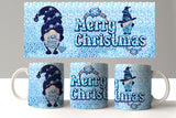 Set of Christmas-themed mugs with gnomes and 'Merry Christmas' text on a matching card.