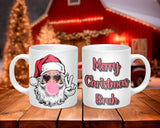 Two Christmas-themed mugs on a wooden table with a festive background.