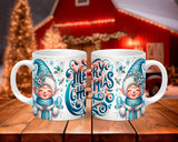 Two Christmas-themed mugs with elves on a wooden table.