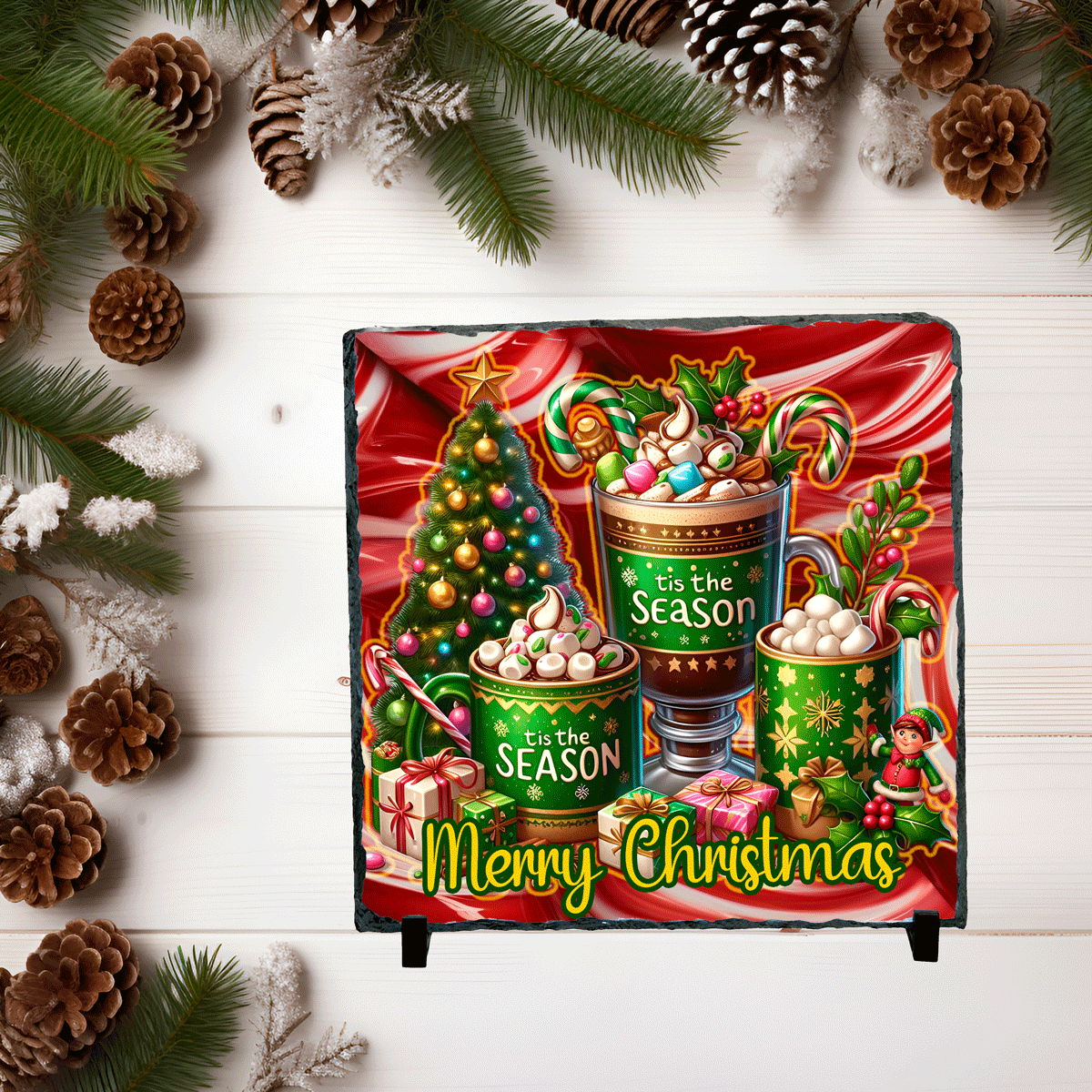 Decorative Christmas sign with festive elements on a white wooden background.