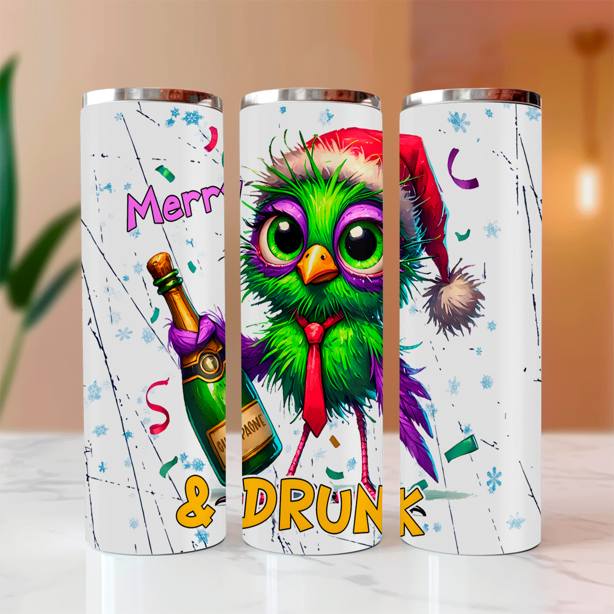 Three tumbler designs with a colorful parrot, bottle, and text on a white background.