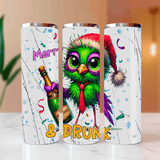 Three tumbler designs with a colorful parrot, bottle, and text on a white background.