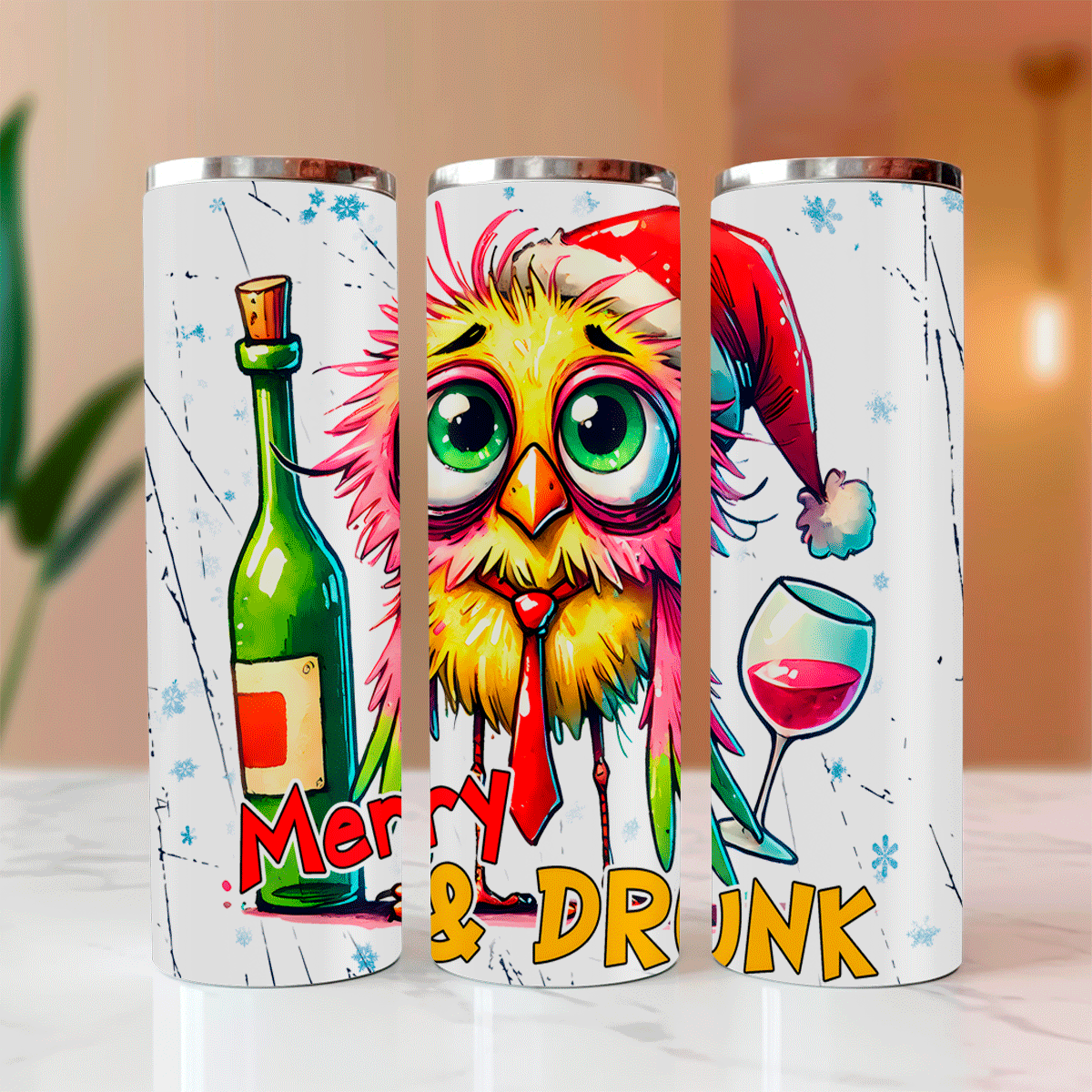 Merry & Drunk Crazy Bird Christmas Sublimated Skinny Tumblers