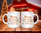 Two white mugs with 'Merry Christmas' design on a wooden table with a festive background.