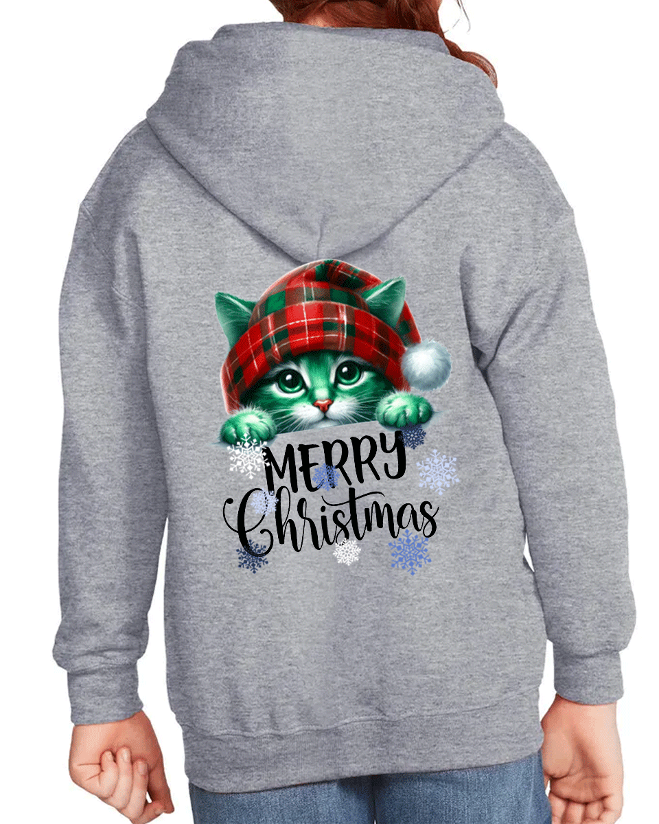 Gray hoodie with a Christmas-themed design of a cat wearing a plaid hat on the back.