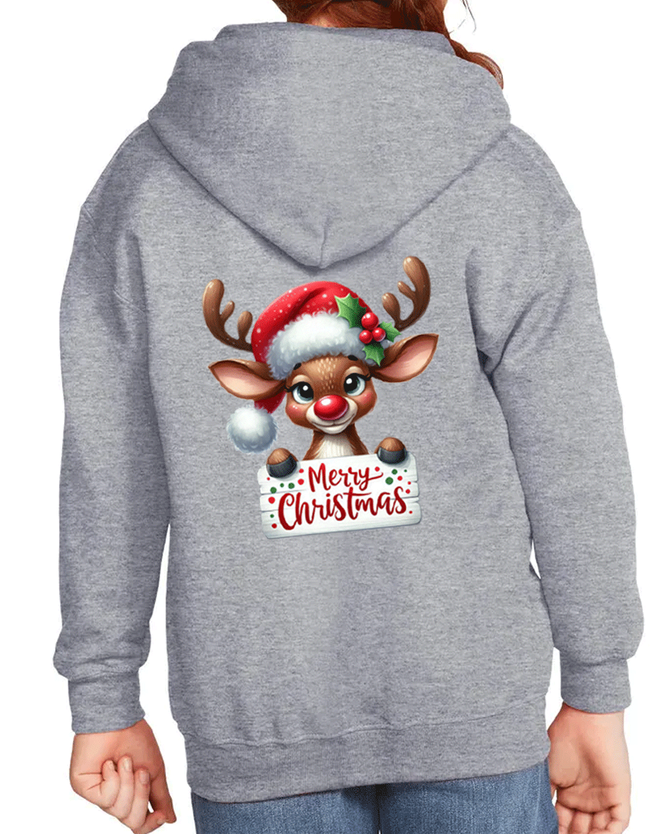 Gray hoodie with a Christmas reindeer design on the back