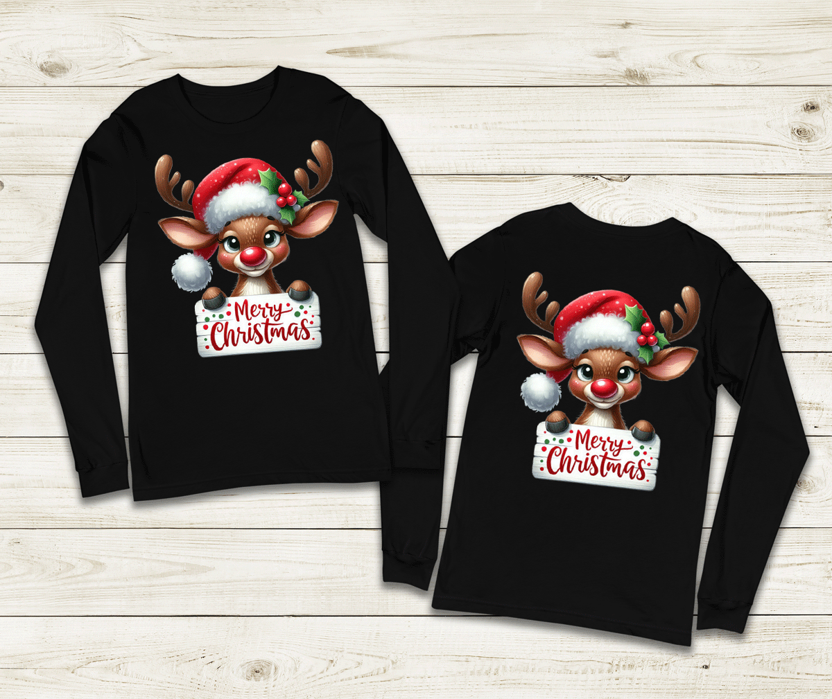 Black long-sleeve shirts with Christmas reindeer design on a wooden surface