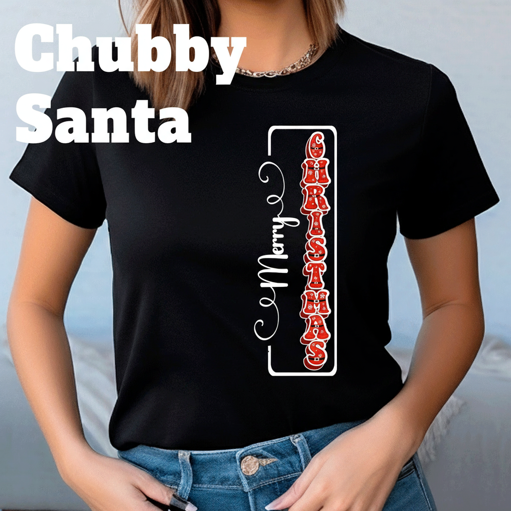 Person wearing a black t-shirt with 'Merry Christmas' design.