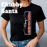 Person wearing a black t-shirt with 'Merry Christmas' design.