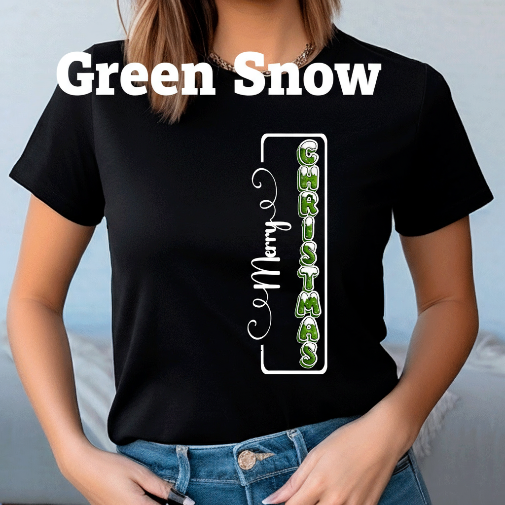 Person wearing a black t-shirt with 'Merry Christmas' design.