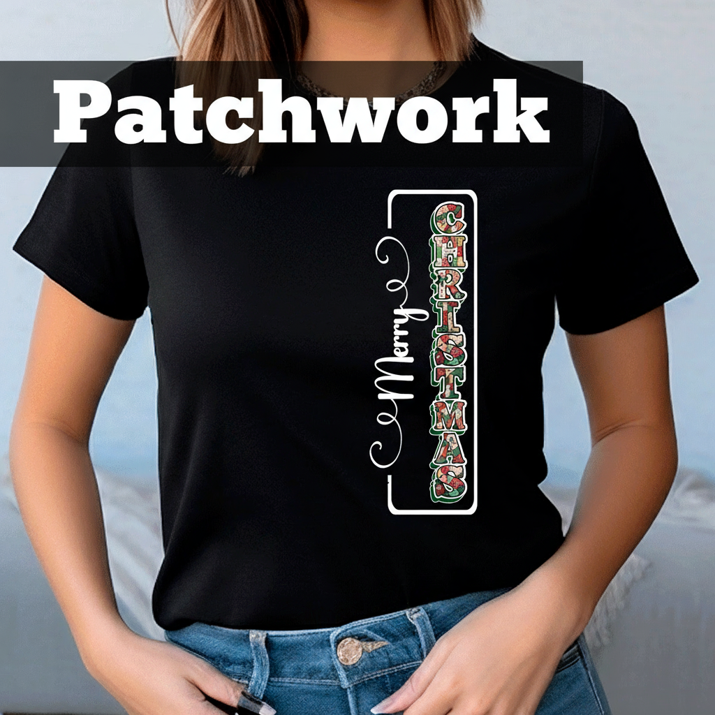 Person wearing a black t-shirt with 'Merry Christmas' design.