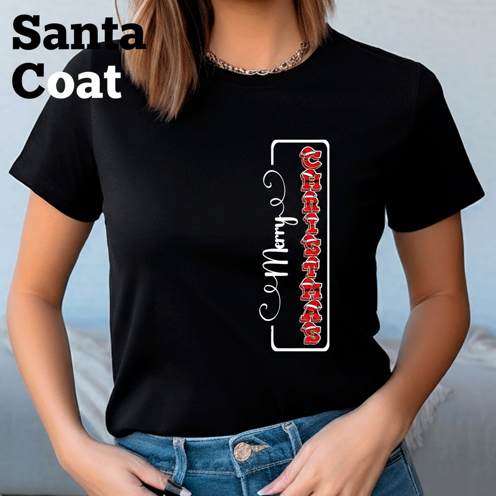 Person wearing a black t-shirt with a graphic design on a light blue background