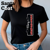 Person wearing a black t-shirt with a graphic design on a light blue background