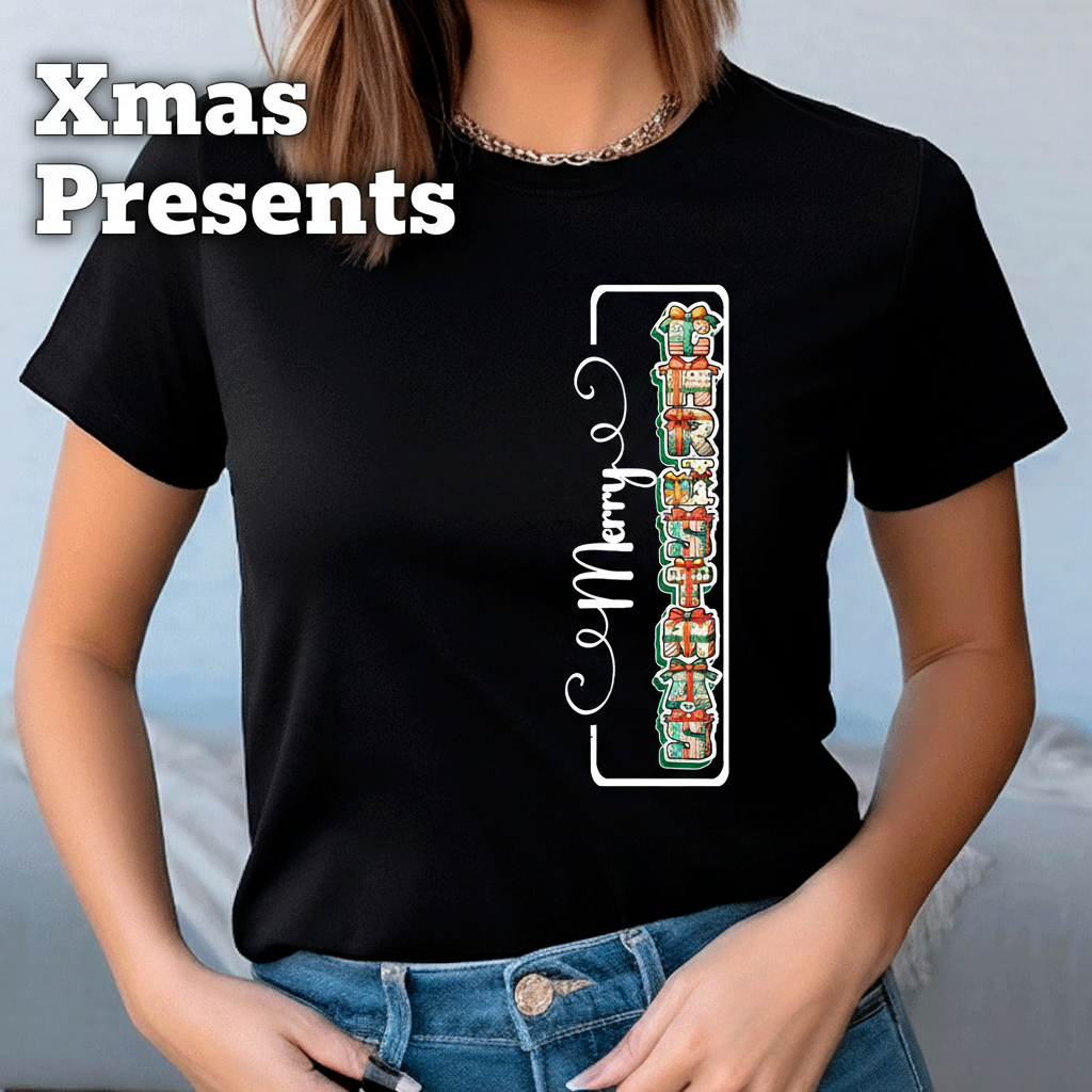 Person wearing a black t-shirt with a colorful design and text on a plain background